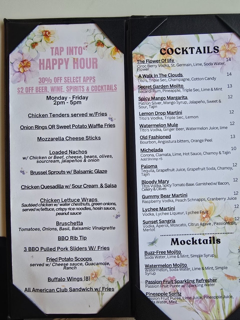 Printed menu featuring comfort food and small plates.